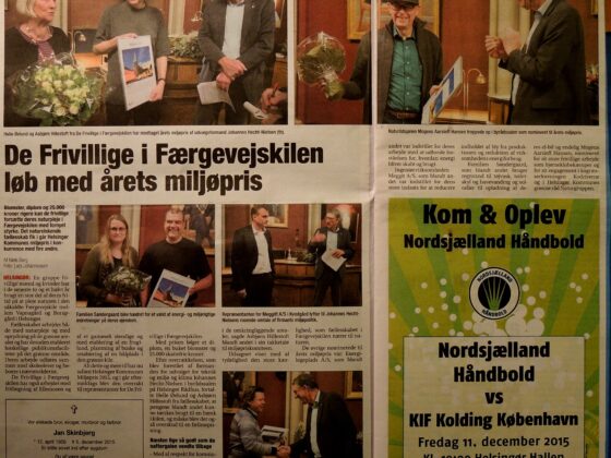 Færgevejskilens frivilliges tildeling af Helsingør Kommunes Miljøpris 08-12-2015. Helsingør Dagblad 09-12-2015.